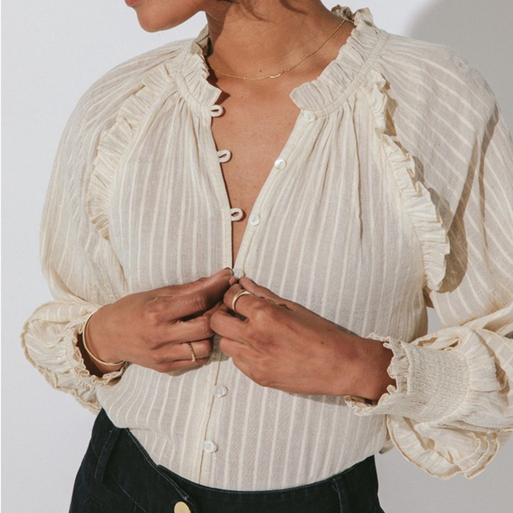 Cleobella | Ari Top | ivory Ruffle striped Button Front Blouse | size M